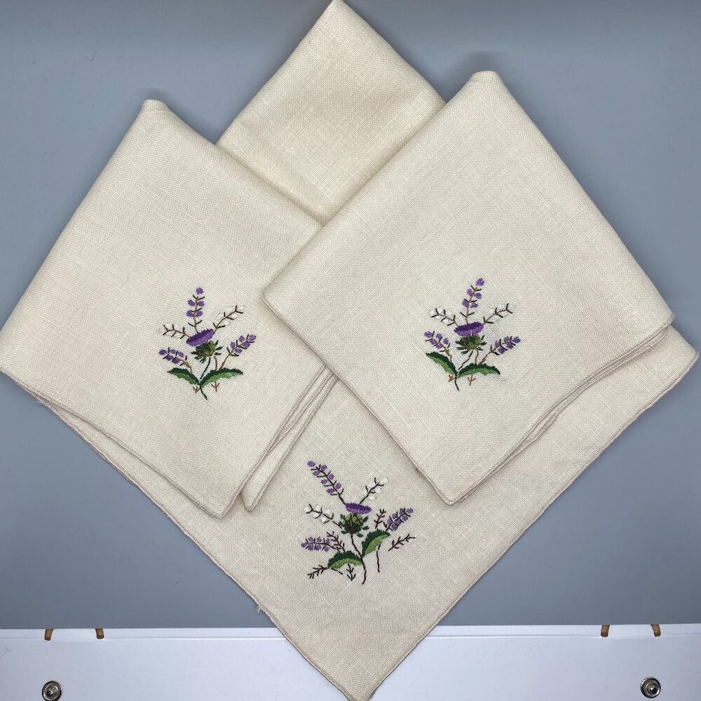 Vintage Linen Embroidered Purple Scottish Thistle Tea Napkins & Tray Cover